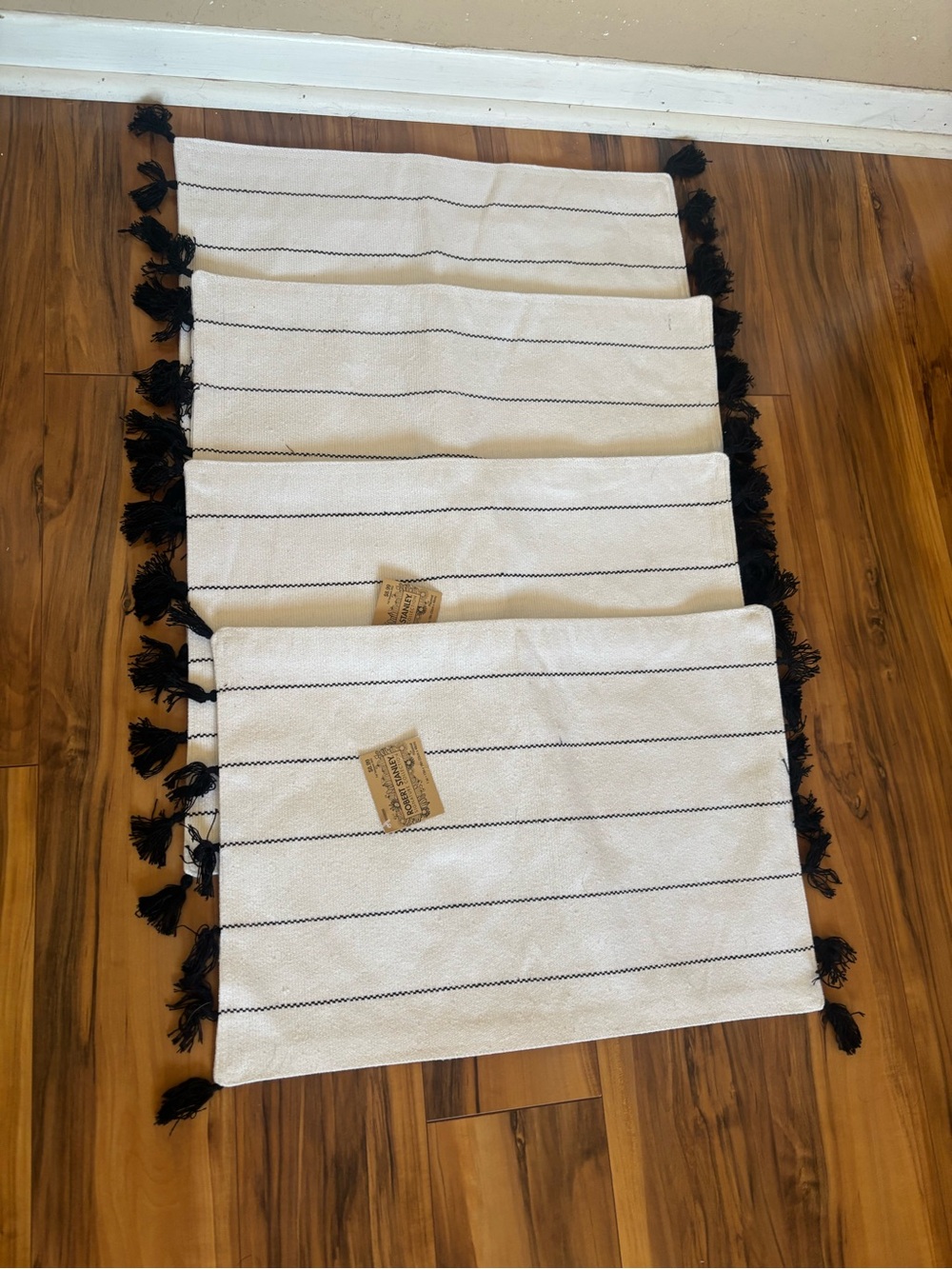 White and Black Striped Cotton Placemat Set with Tassels